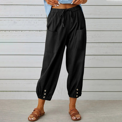 Loose High Waist Button Cotton And Linen Trousers Cropped Pants Wide Leg Women's Pants