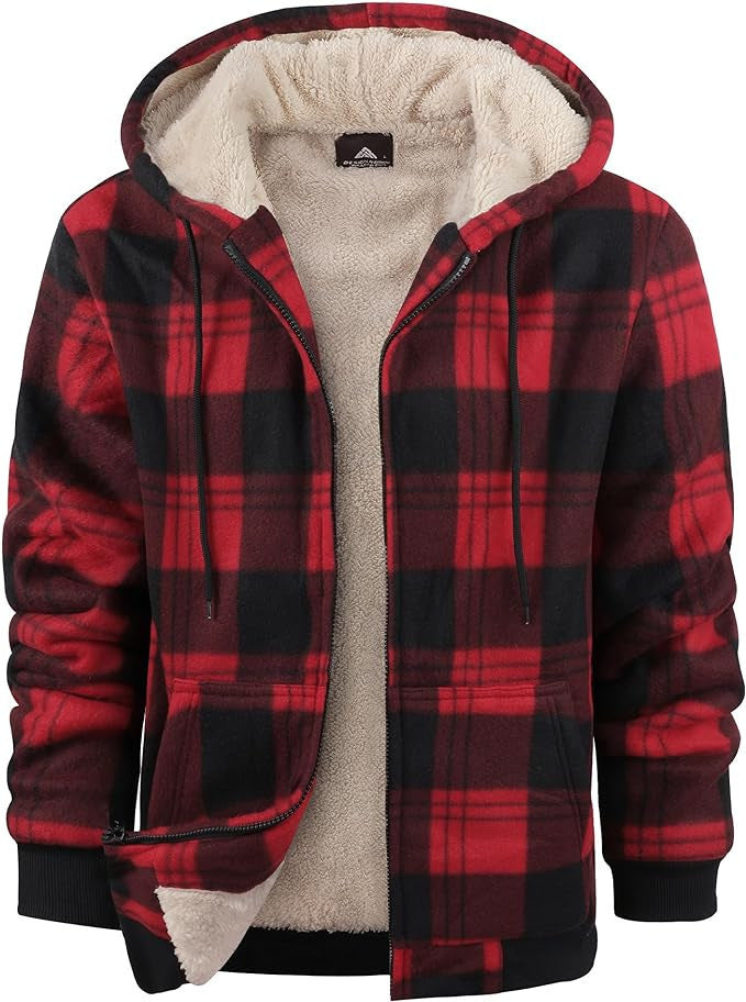 Men's Plaid Print Hooded Zip-Up Jacket Winter Thickened Cotton-padded Coat Warm Clothing