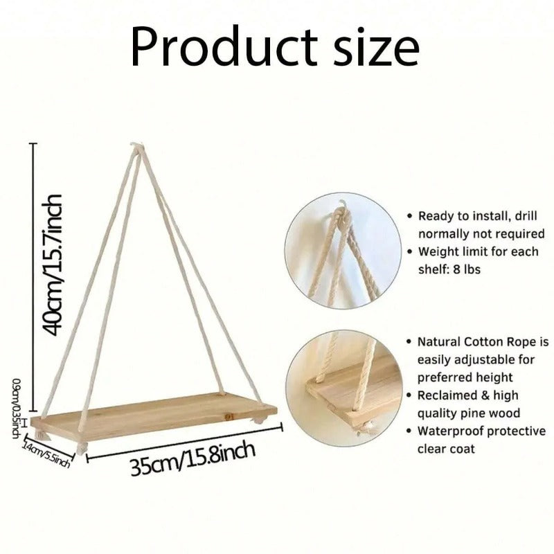 Wooden Swing Hanging Hemp Rope Wall Shelve Mounted Floating Home Living Room Plant Flower Pot Tray Storage Garden Decoration