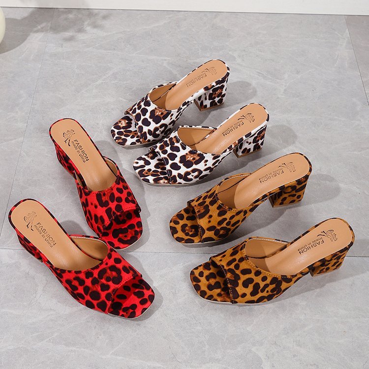 Leopard Square Toe Sandals Summer High-heeled Slippers Chunky Heel Shoes For Women