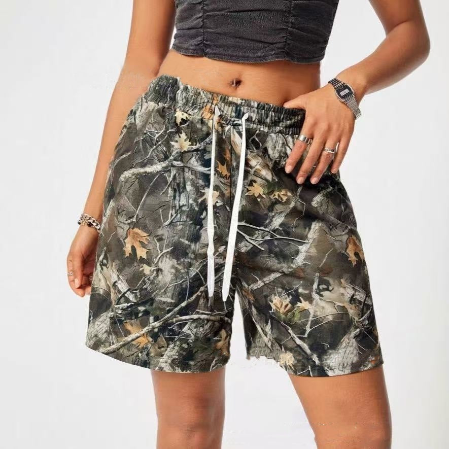 Women's Loose Casual Drawstring Branch Camouflage Printing Shorts