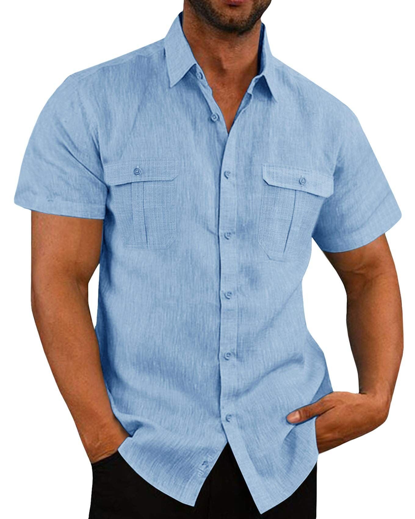 Men's Button Short Sleeve Shirt Summer Casual Double Pocket Wide Collar Beach Shirt Summer