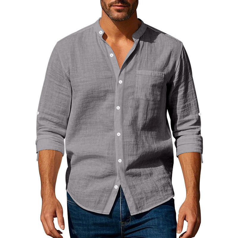 Long Sleeve Stand Collar Casual Men's Pocket Shirt