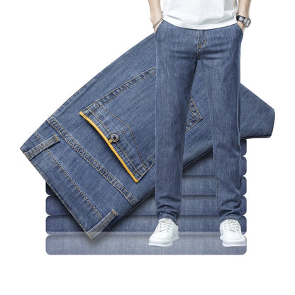 Men's Loose Elastic Jeans Straight Solid Color Casual Trousers