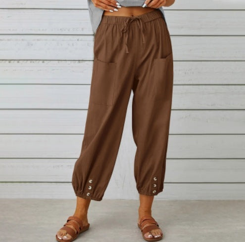 Loose High Waist Button Cotton And Linen Trousers Cropped Pants Wide Leg Women's Pants