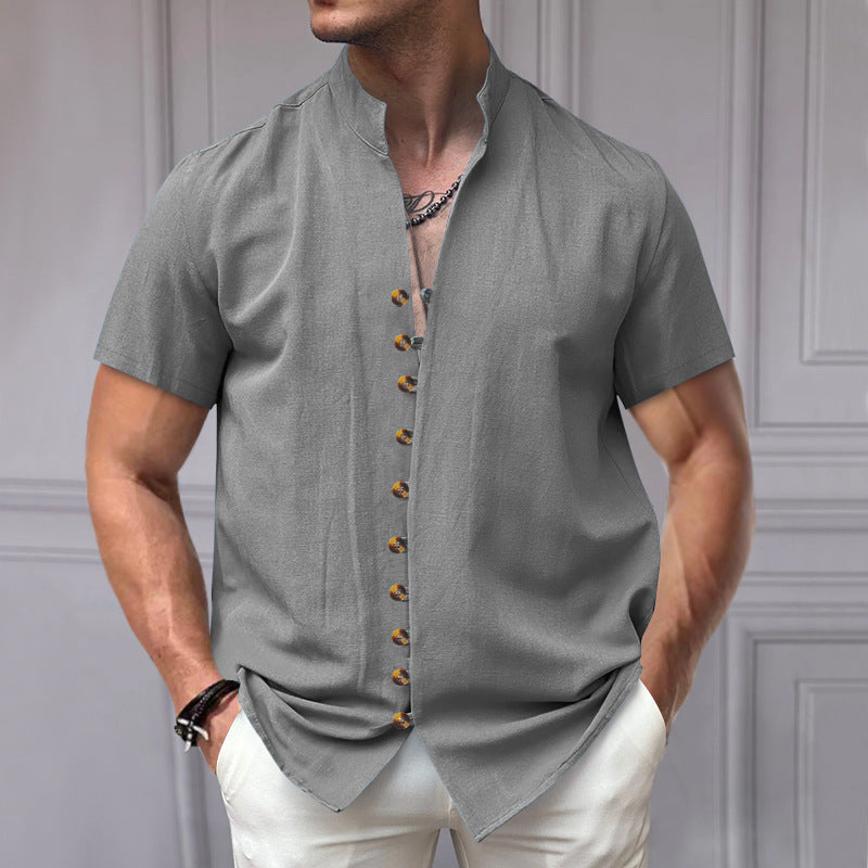 Linen Button Stand Collar Short Sleeve Shirt