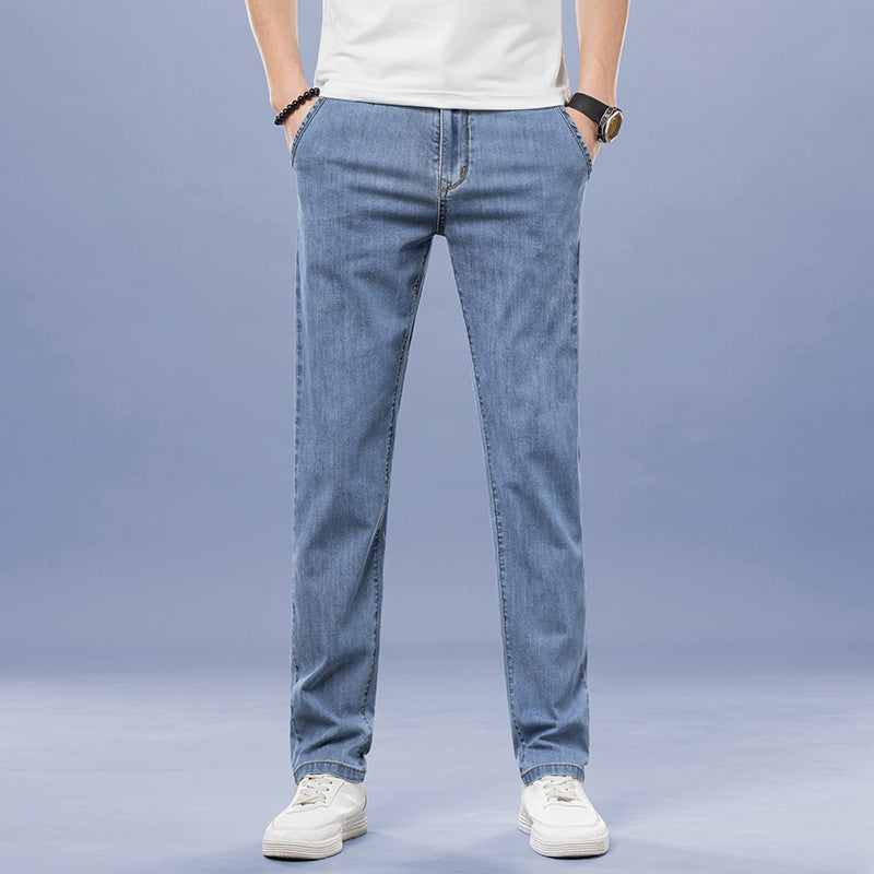 Men's Loose Elastic Jeans Straight Solid Color Casual Trousers