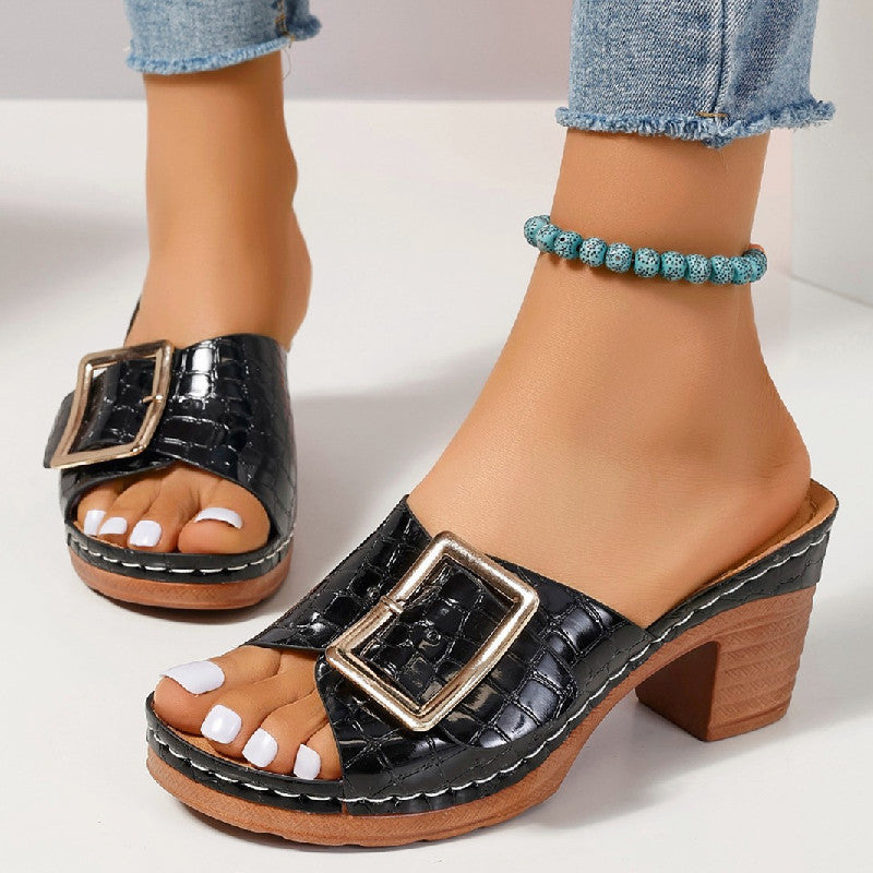 Fashion Crocodile-textured Buckle Sandals Square Chunky Heel Peep-toe Slides Slippers Women Shoes