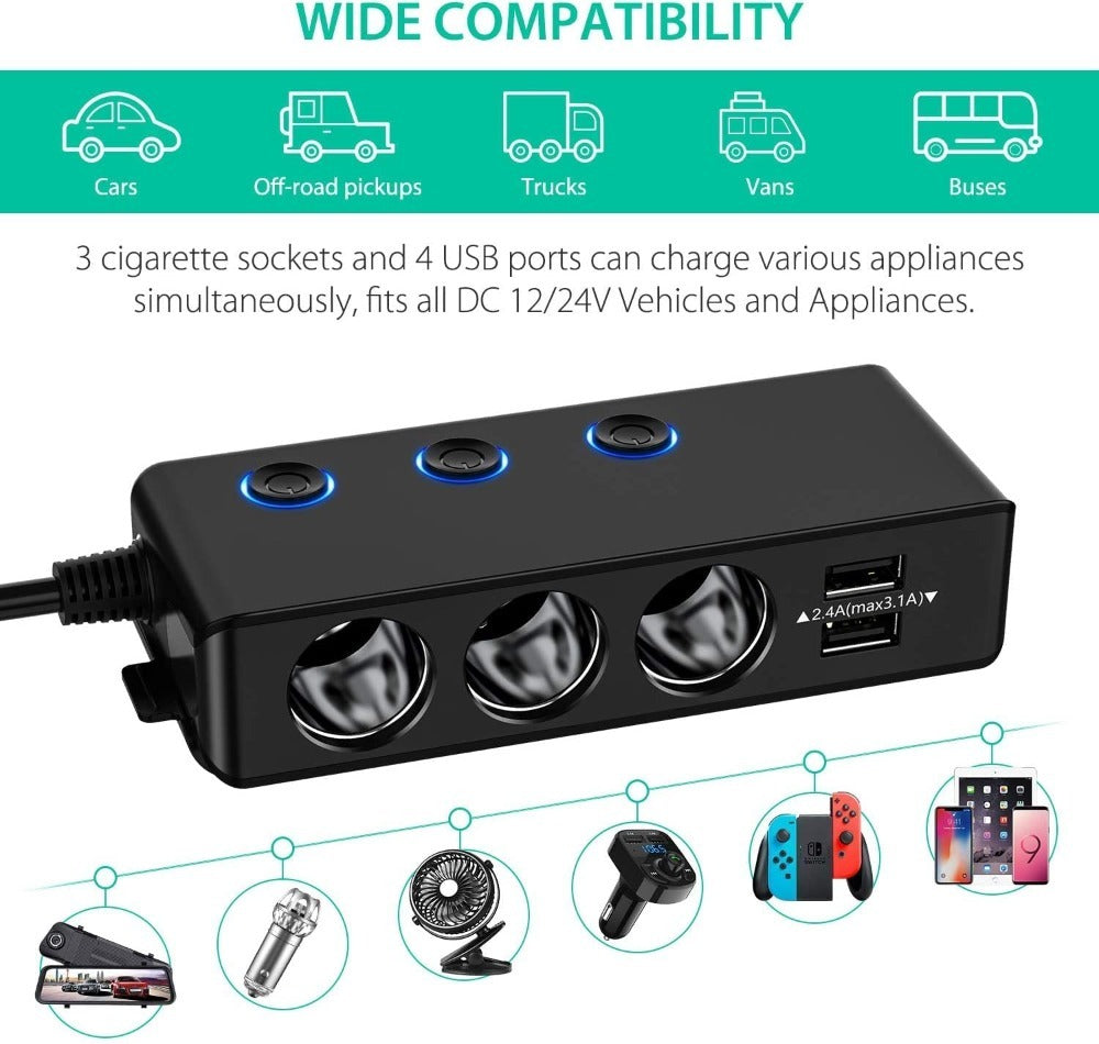 The Three-port Car Cigarette Lighter Adapter Expands One Socket To Three. It Provides A Steady Current To The Power Supply, Is Easy To Install, And Is Ideal For Worry-free Power Use During Travel.