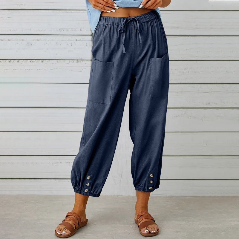 Loose High Waist Button Cotton And Linen Trousers Cropped Pants Wide Leg Women's Pants