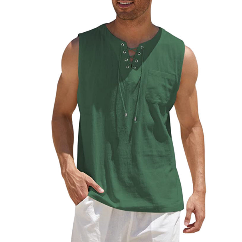 Summer Tank Vest Men Shirt Collar Tie Short Sleeve T-Shirt