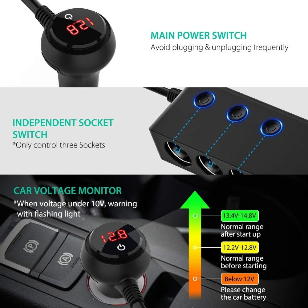 The Three-port Car Cigarette Lighter Adapter Expands One Socket To Three. It Provides A Steady Current To The Power Supply, Is Easy To Install, And Is Ideal For Worry-free Power Use During Travel.