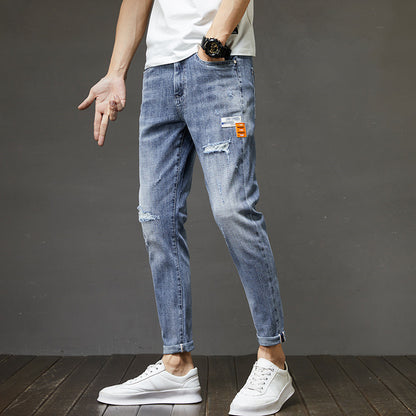 Men's Ripped Denim Slim-fitting Ankle Length Trousers Pants