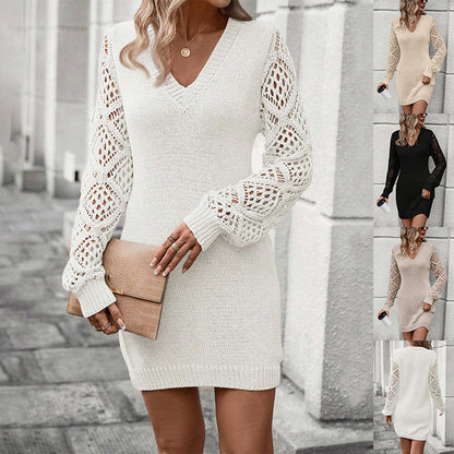 New V-neck Knitted Dress Fashion Solid Color Hollow Long-sleeved Sweater Dresses Women's Clothing