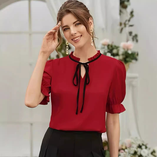 Women's Elegant Solid Trim Tie Long Ruffle Sleeve Shirt