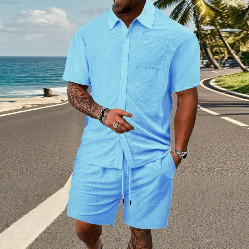 Men's Casual Button Solid Color Towel Figured Cloth Short Sleeve Suit