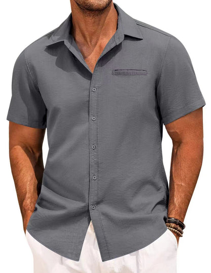 Polo Collar Solid Color Short Sleeve Button Shirt