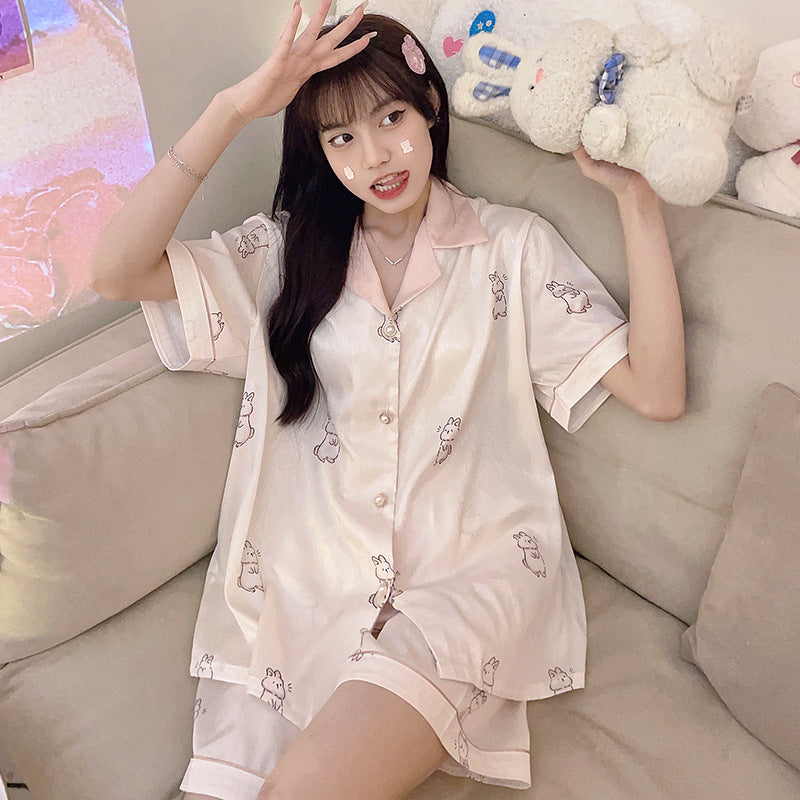 Ice Silk Pajamas Women's Short Sleeve Thin Cartoon Two Piece Set