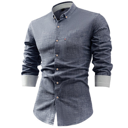 Foreign Trade Cotton And Linen Men's Shirt Solid Color Buckle