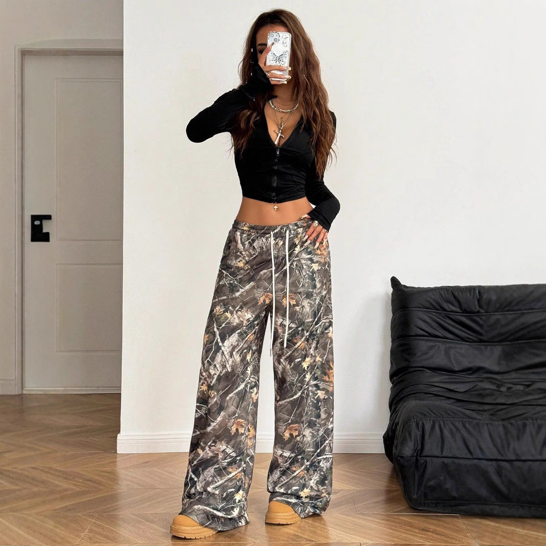 Women's Fashion Casual Elastic Waist Tight Camouflage Printed Wide-leg Pants