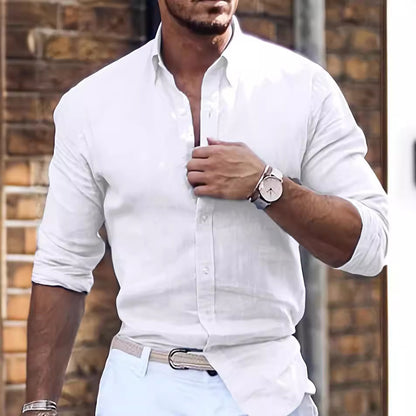 Cotton Linen Long Sleeve Shirt Solid Color Polo Collar Casual Style Shirt