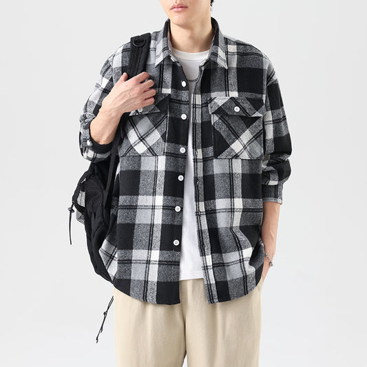 Brushed Plaid Long Sleeve Shirt Men