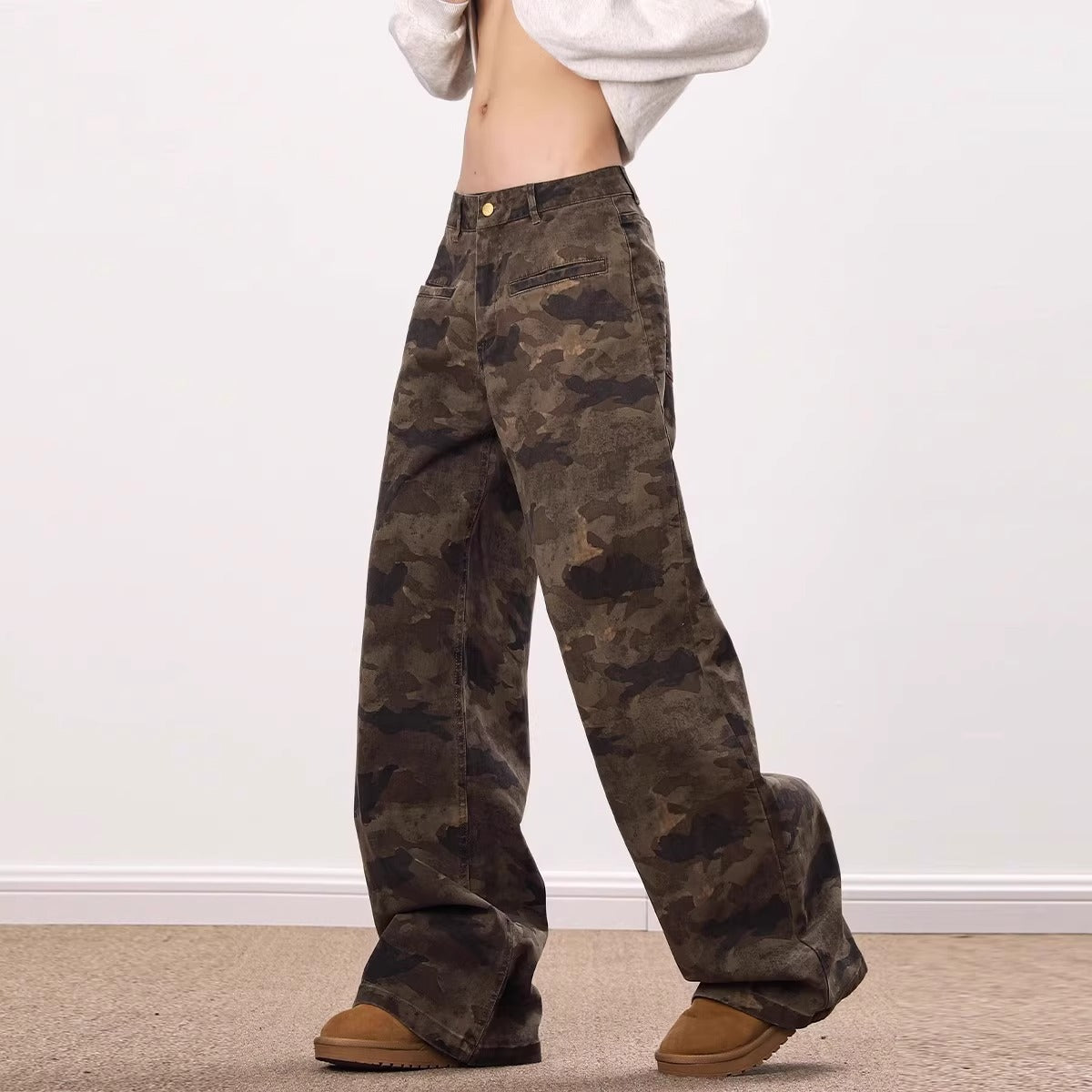 Camouflage Workwear Denim New Retro Loose-fitting Wide-leg Trousers