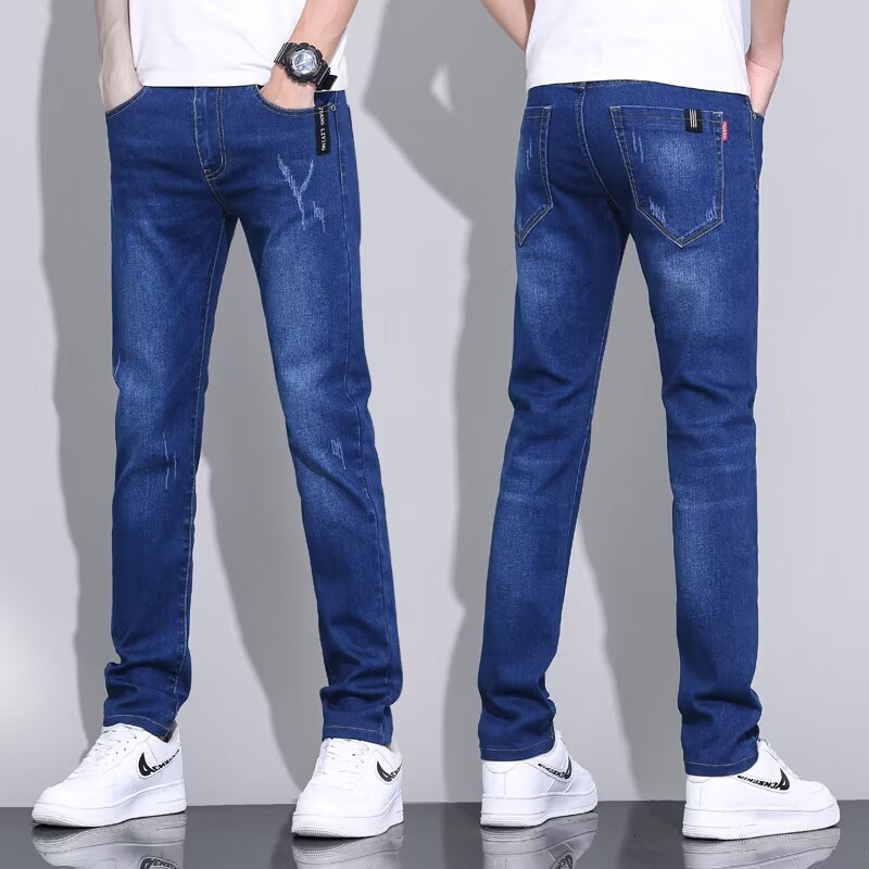 Spring And Autumn Washed Blue Jeans Men's Trendy Slim Trousers