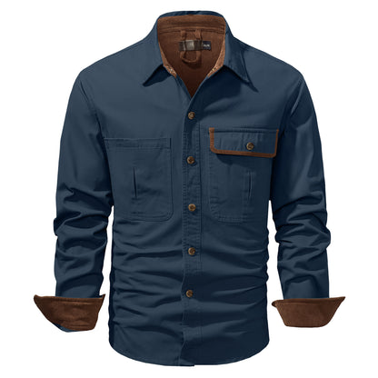 Washed Cotton Plus Size Solid Color Polo Collar Men's Long Sleeve Shirt