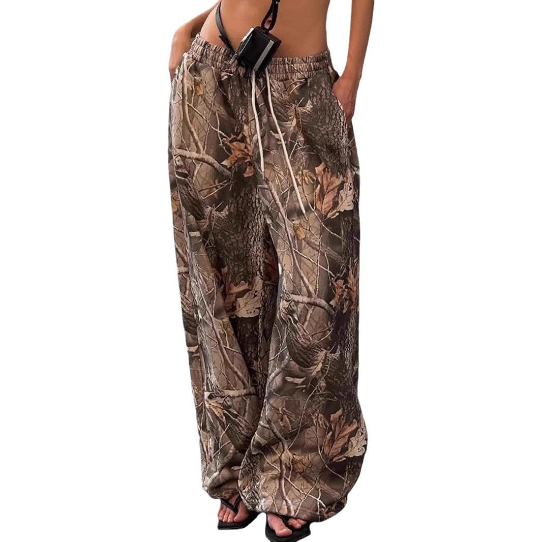 Women's Fashion Casual Elastic Waist Tight Camouflage Printed Wide-leg Pants