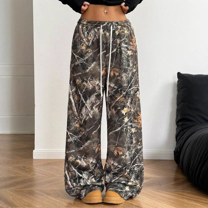 Women's Fashion Casual Elastic Waist Tight Camouflage Printed Wide-leg Pants