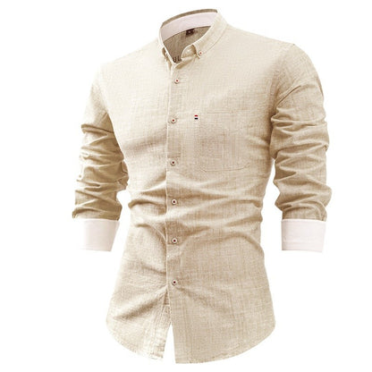 Foreign Trade Cotton And Linen Men's Shirt Solid Color Buckle