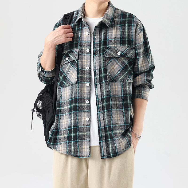 Brushed Plaid Long Sleeve Shirt Men