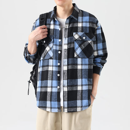 Brushed Plaid Long Sleeve Shirt Men