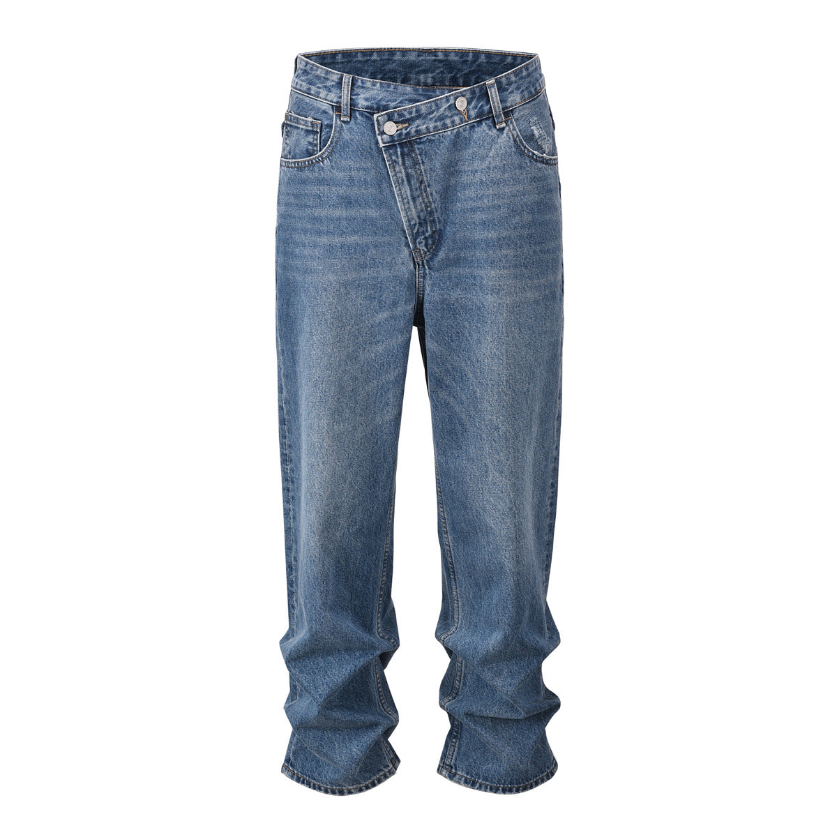 Slant Placket Straight-leg Pants Washed Distressed Casual Jeans