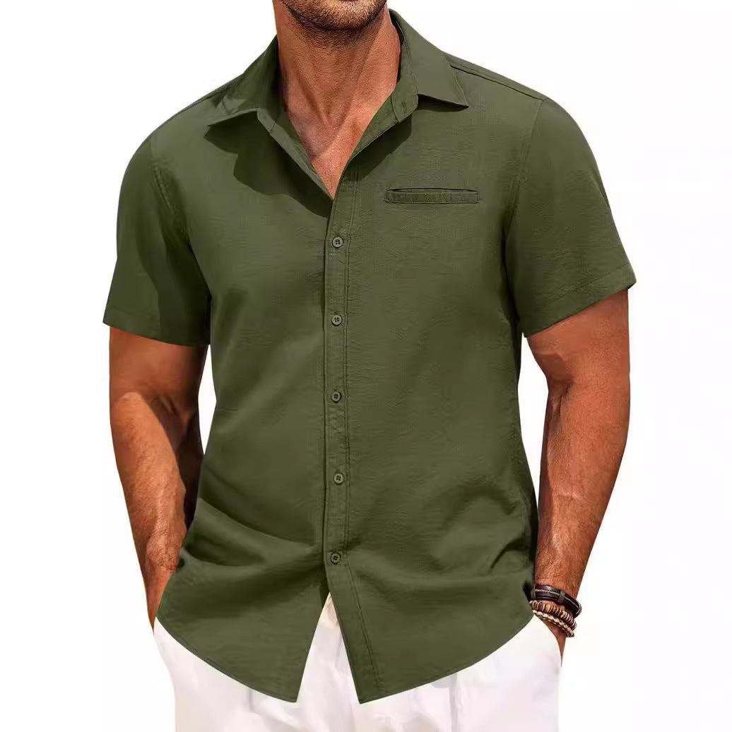 Polo Collar Solid Color Short Sleeve Button Shirt