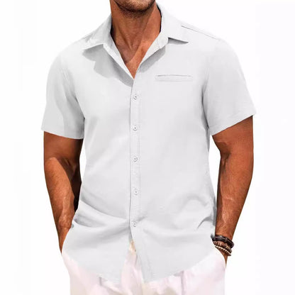 Polo Collar Solid Color Short Sleeve Button Shirt