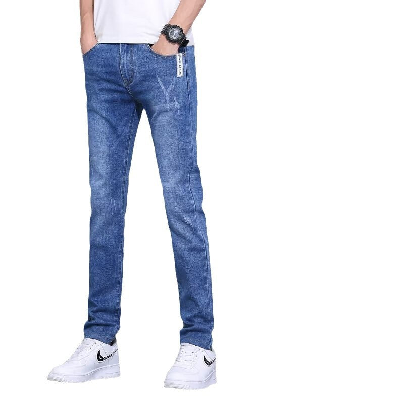 Spring And Autumn Washed Blue Jeans Men's Trendy Slim Trousers