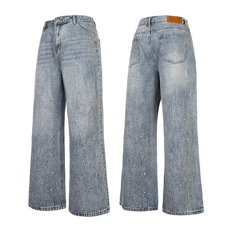 Light Blue Straight Jeans Men's High Street Retro