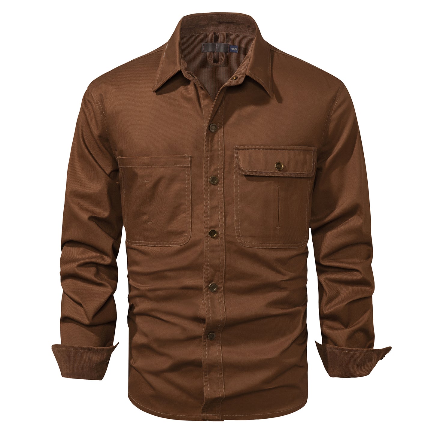 Washed Cotton Plus Size Solid Color Polo Collar Men's Long Sleeve Shirt