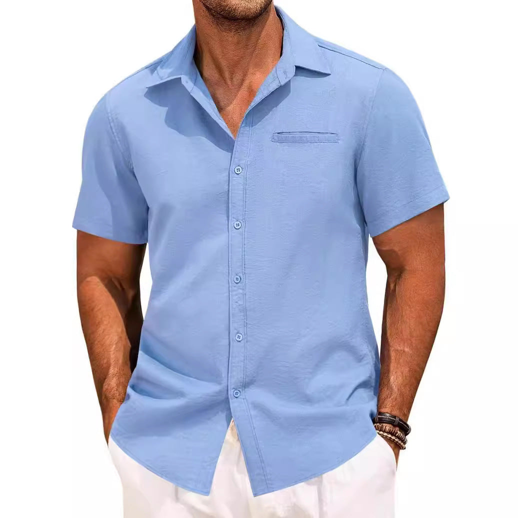 Polo Collar Solid Color Short Sleeve Button Shirt