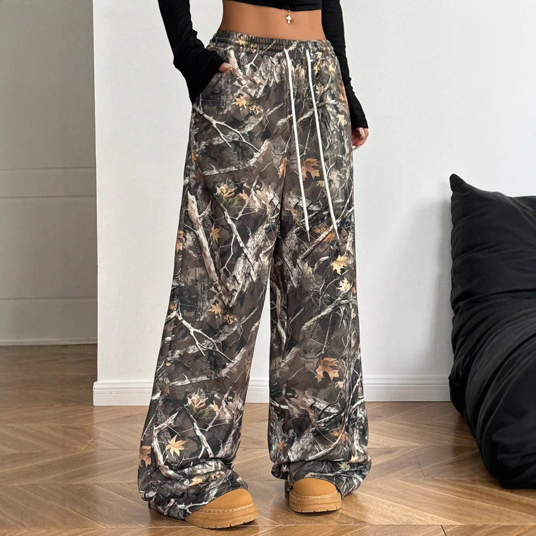 Women's Fashion Casual Elastic Waist Tight Camouflage Printed Wide-leg Pants