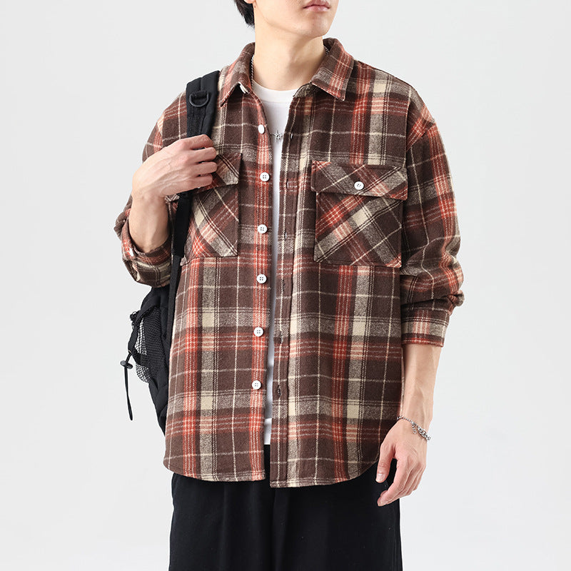 Brushed Plaid Long Sleeve Shirt Men