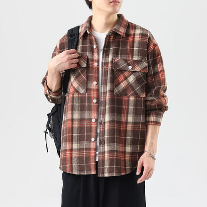 Brushed Plaid Long Sleeve Shirt Men