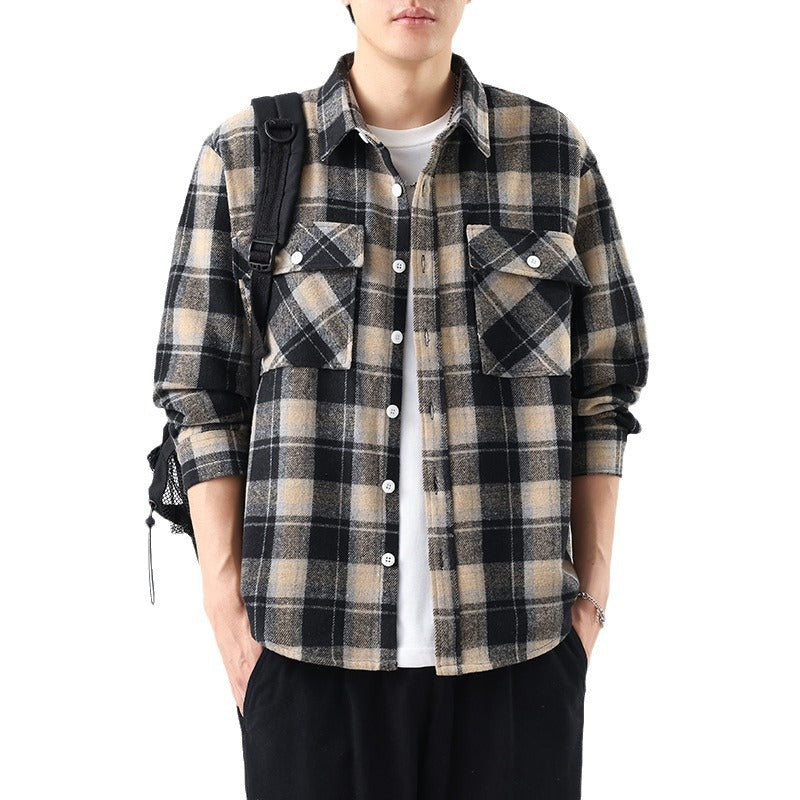 Brushed Plaid Long Sleeve Shirt Men