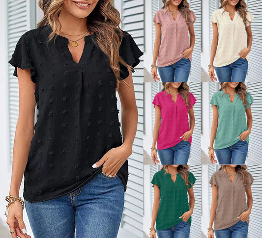 Women Summer V Neck Ruffle Short Sleeve Blouse Dot Flowy Shirt Top