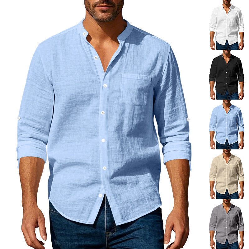 Long Sleeve Stand Collar Casual Men's Pocket Shirt