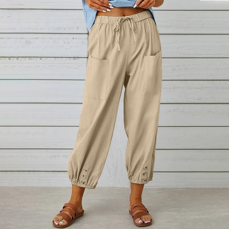 Loose High Waist Button Cotton And Linen Trousers Cropped Pants Wide Leg Women's Pants