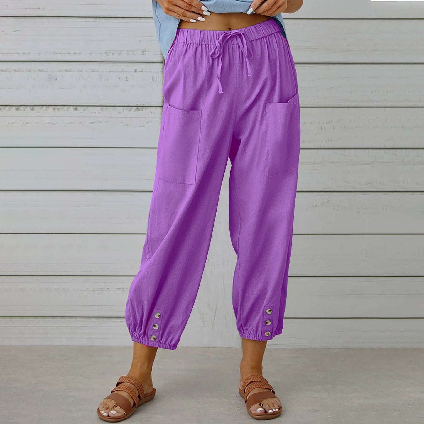 Loose High Waist Button Cotton And Linen Trousers Cropped Pants Wide Leg Women's Pants