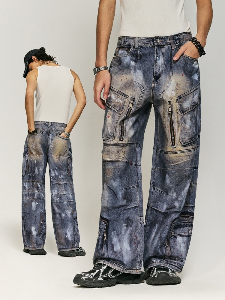 Multi-pocket Inkjet Digital Printing Jeans Men's And Women's Same Pants